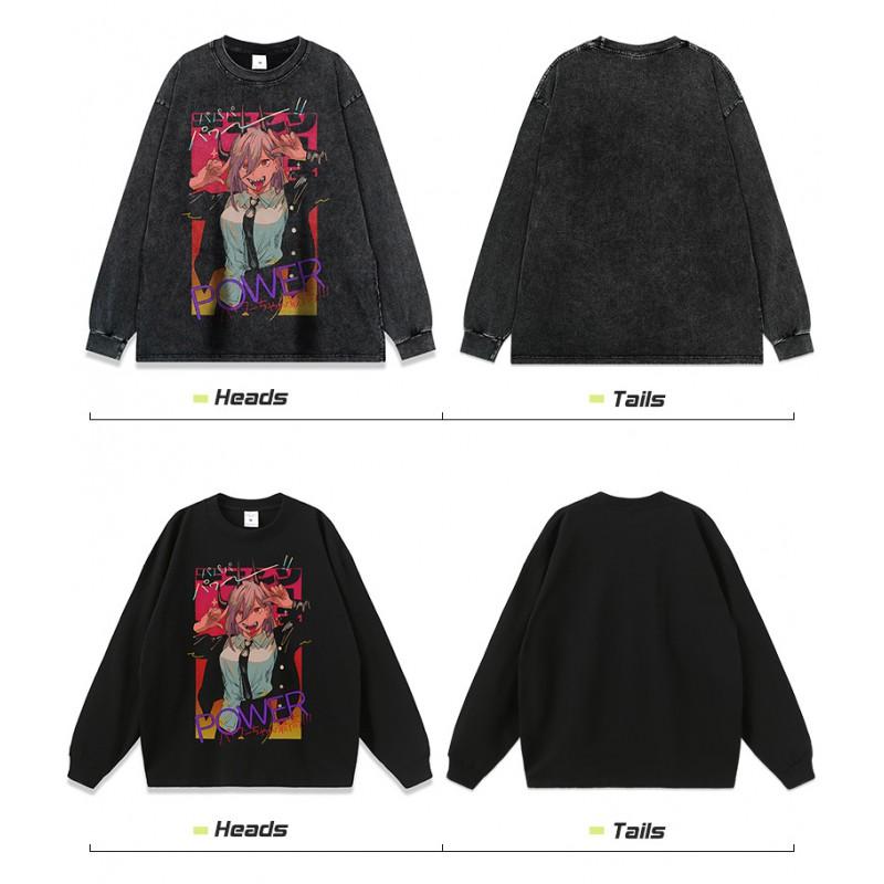 Oversized Anime Print Washed Cotton Hoodie Mens Streetwear Long Sleeve Loose Fit
