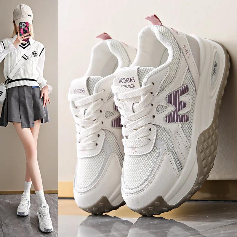 Fashion Soft Leather Mesh Sports Shoes Women 2024 Autumn New Breathable All-match Lightweight Platform Casual Shoes