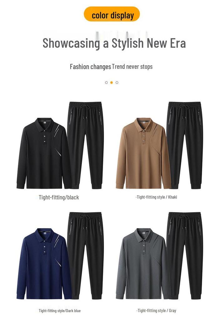 Men's Plus Size Long Sleeve Polo Shirt & Pants Set - Autumn/Winter Warmth for Middle-Aged