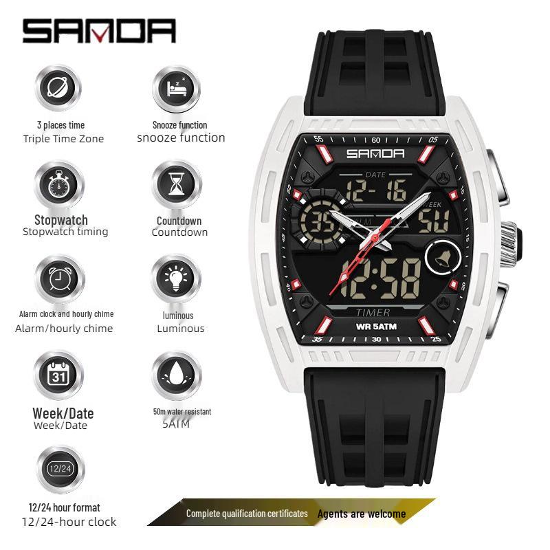 SANDA Men's Waterproof Luminous Sports Watch - Countdown & Multifunctional Barrel-Shaped Electronic Watch with Large Dial
