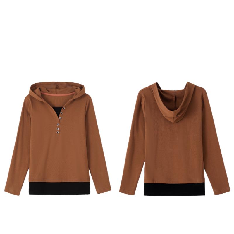 Maglietta Donna Finto Due Pezzi Manica Lunga – Top A Collo Rotondo In Viscosa Ed Elastan, Rosso Ruggine E Bianco - 4