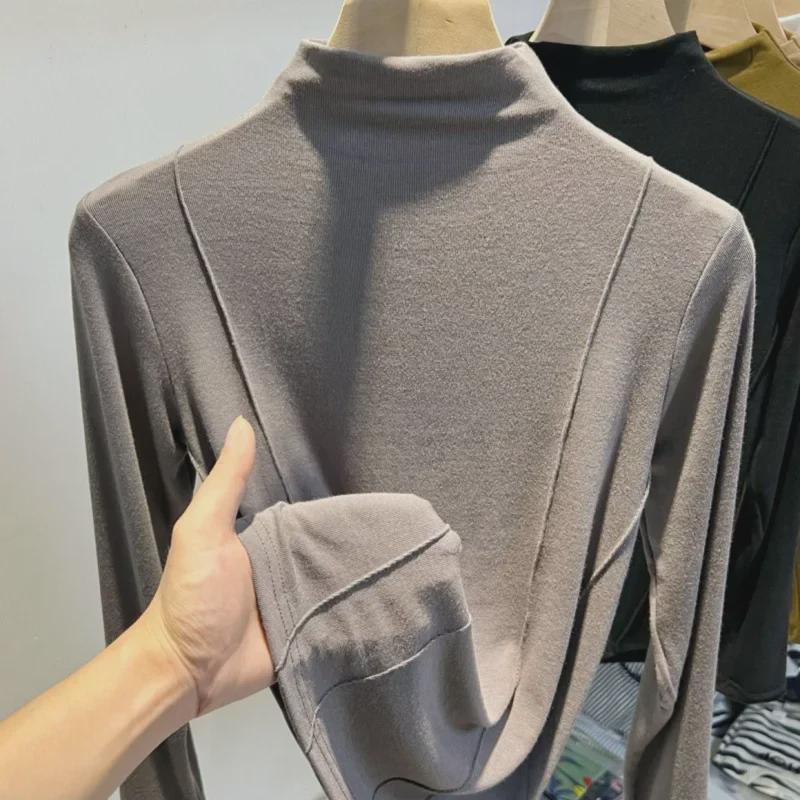 Women's 2024 Autumn/Winter Chic German Velvet Half Turtleneck Long-Sleeve T-Shirt