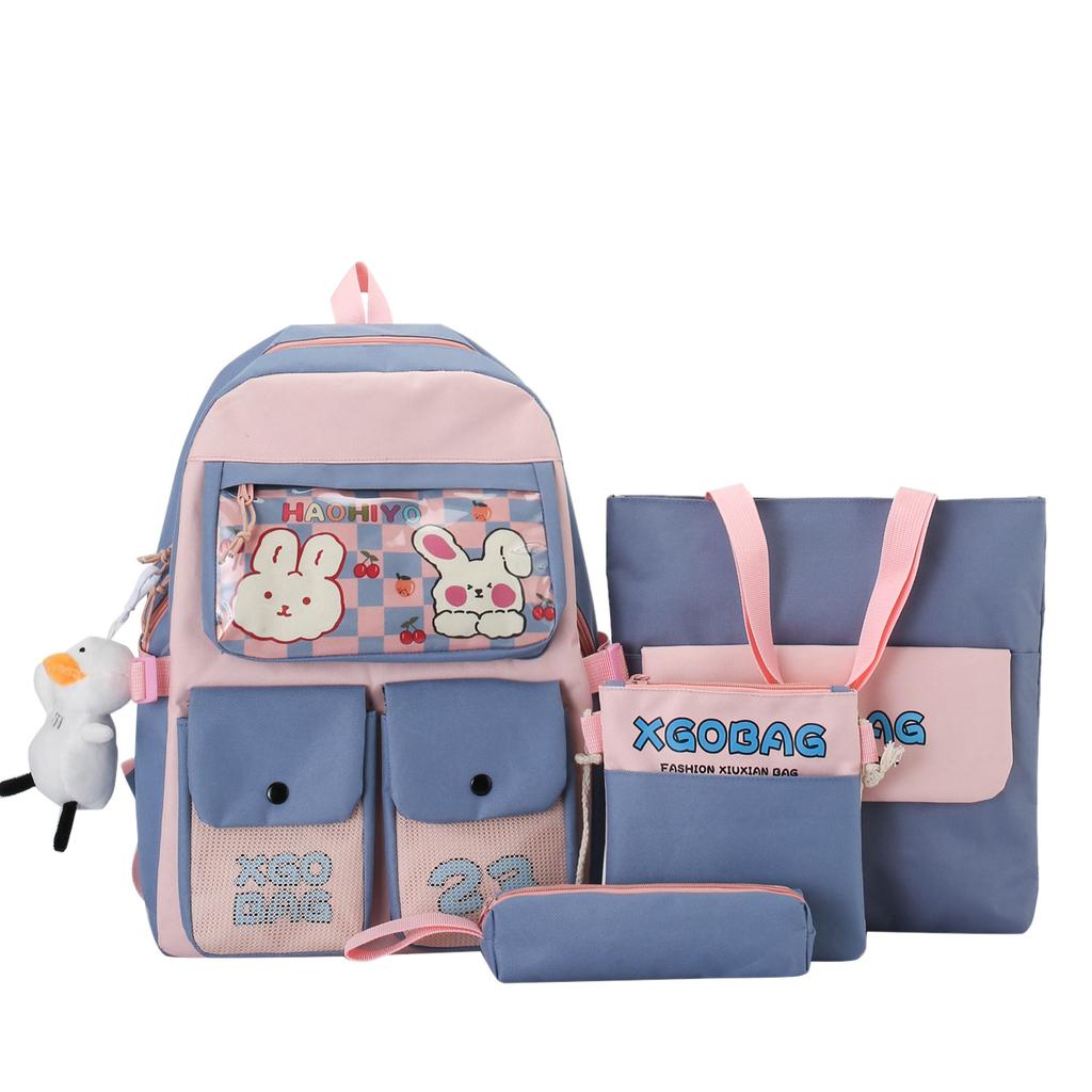 School bag, women's backpack, four-piece set, junior high school student backpack, campus college backpack.