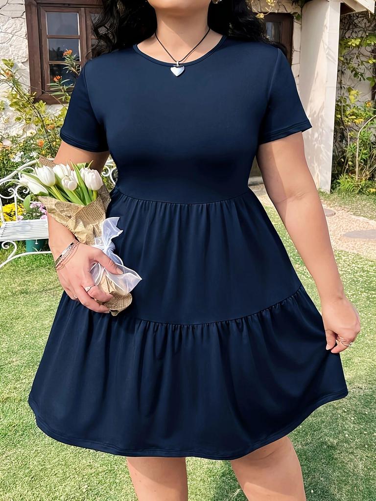 European & American Women's Solid Color Ruffle Hem Short Sleeve T-shirt Dress, Casual Fashion (2026)
