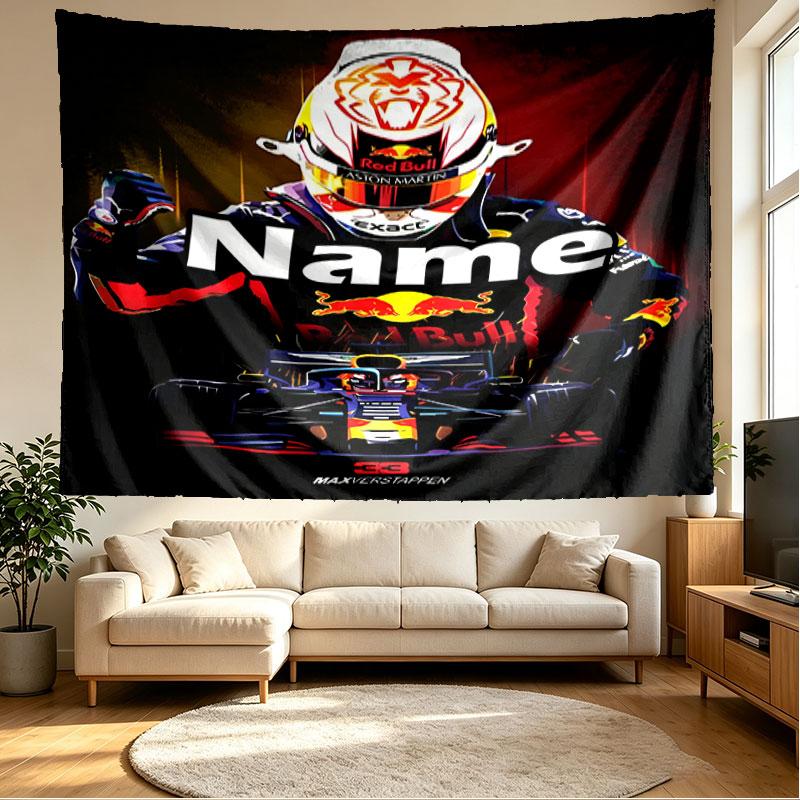 Custom Name Personalized Red Bull Racing Print Tapestry, Wall Art Decor, Bedroom, Dorm, Apartment, LivingRoom, Party Backdrop, Gift for Birthday