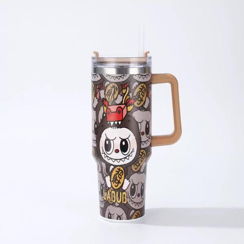 Cartoon pattern Labubu 40oz car cup 304 stainless steel thermos cup Labubu car straw Bingba cup
