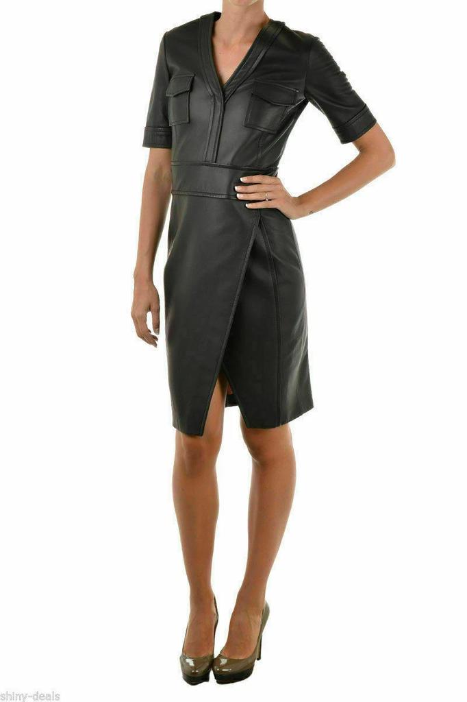 Short Length Genuine Lambskin Dress Women Leather Formal Frok Dress Short Sleeve