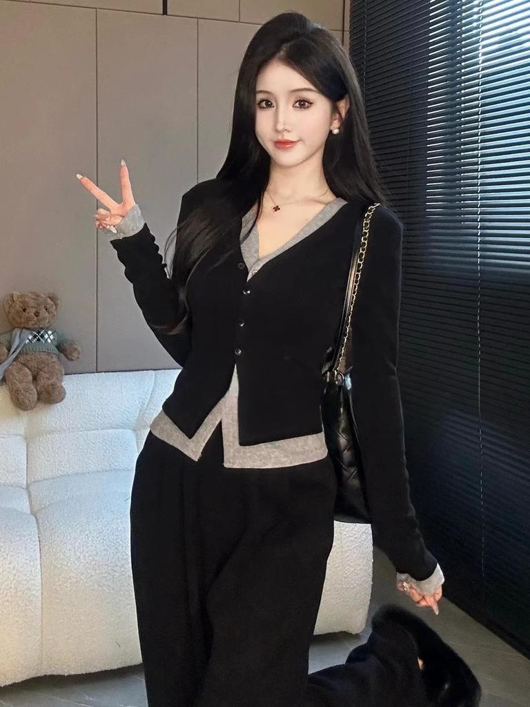 2024 Frühling/Herbst V-Ausschnitt Zweiteiler: Lässiger Stil Top & Schmale Weitbein-Hose