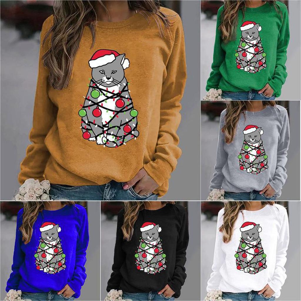 Women's Christmas Cat With Lights Printing O- Neck Long Sleeve T-Shirt Top