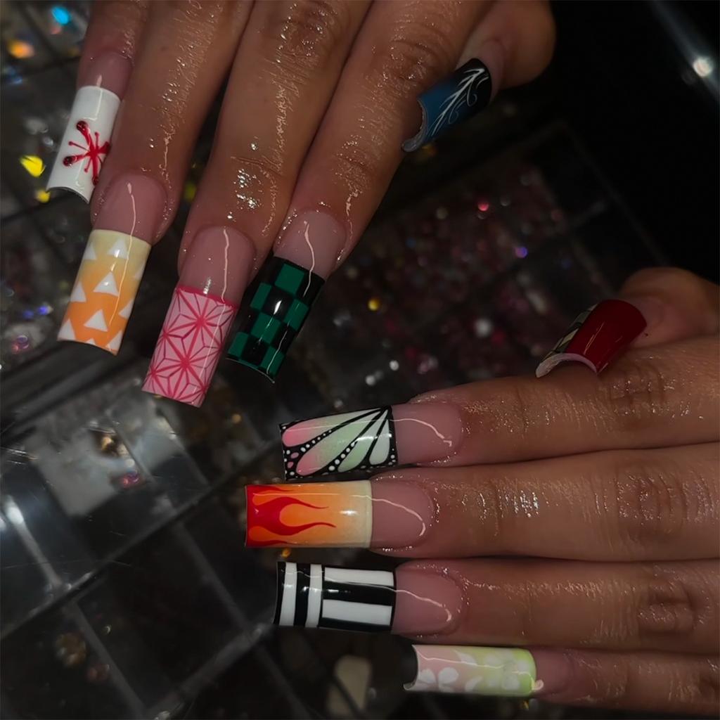 24PCS Y2k Long Square Fake Nails with Glue Crocodile Texture French Press On Nails with Colorful Diamonds Nail Tips High Quality