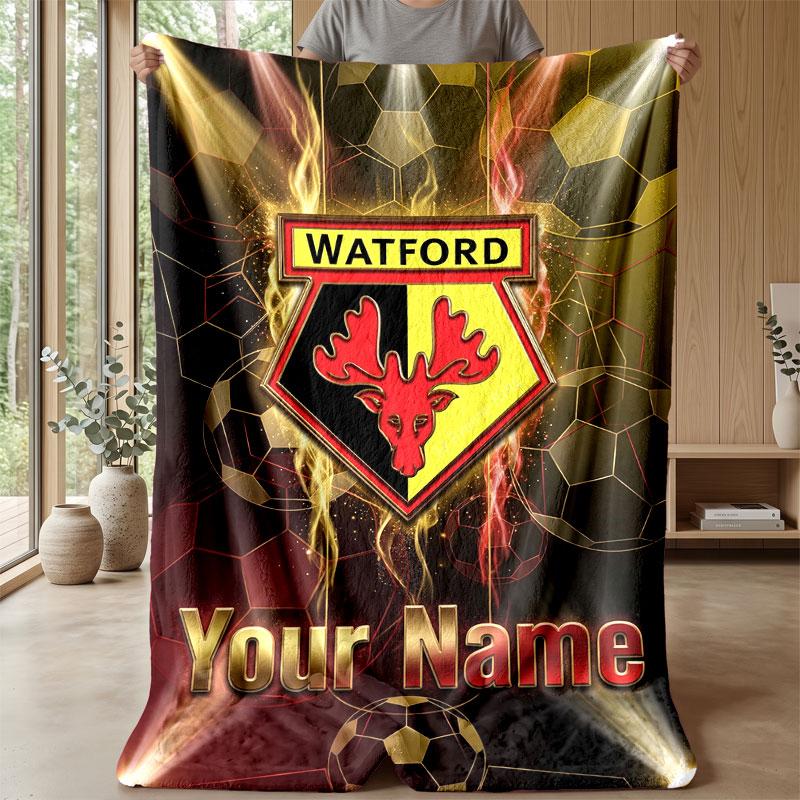 Watford FC Benutzerdefinierter Name Text Flanelldecke Fußball Logo Personalisierte Fleece-Wurfdecke Besonderes Geschenk für Sofa Schlafzimmer Zuhause