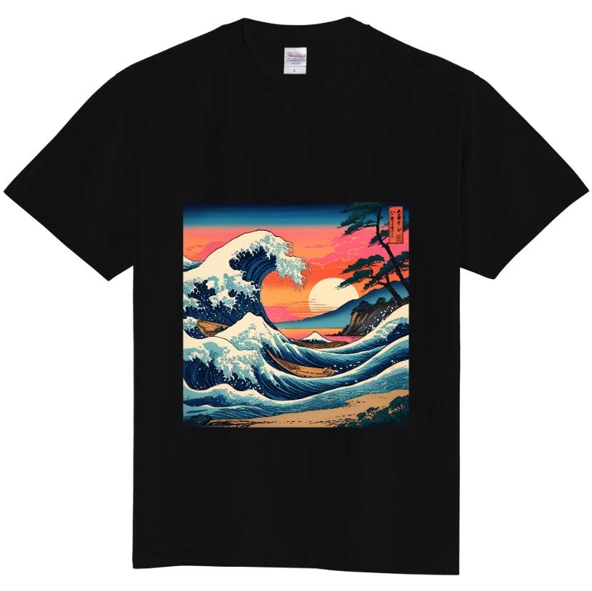 Great Wave and Sunset Ukiyo-e Style Japanese Art T-Shirt – Black/White, Unisex XL