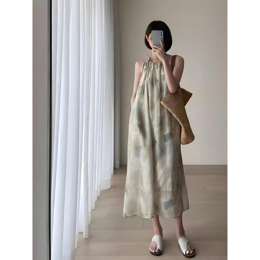 Smudge Print Lace-up Neck Dress for Women's Thai Seaside Vacation Super Fairy Beach Dress