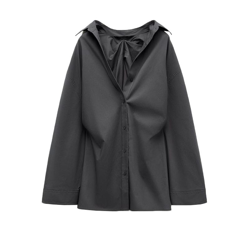 Fall and Winter New Women's Clothing Back Pleated Design Loose Long Sleeves Lapel Single Breasted Shirt 3067118