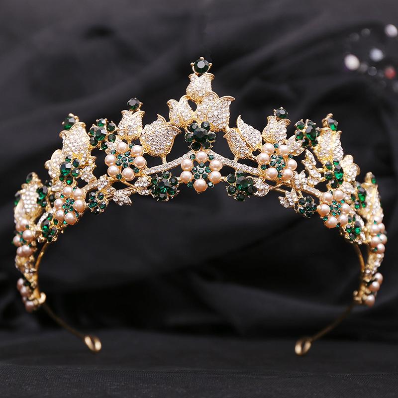 Fashion Bride Crown Headdress Rhinestone Crystal Pearls Flower Tiaras Bridal Diadem for Wedding Dress Hair Jewelry Accessories