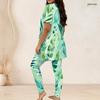 Women Plus Size Printed Two Piece Set Round Neck Short Sleeve Longline Top Fitted Pants Green Blue White
