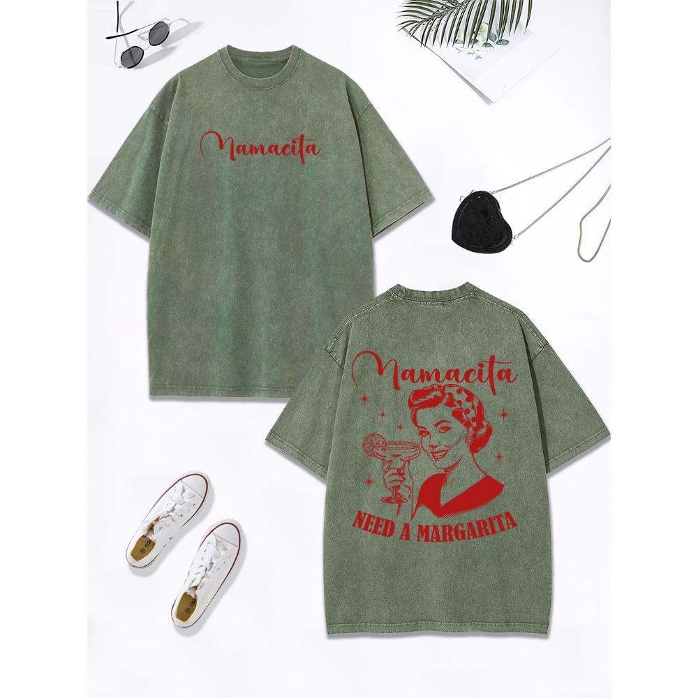 Mamacita Needs A Margarita Lemon Printing Washed T-Shirt Women Cotton Oversize Tops Distressed O-Neck T Shirt Clothes