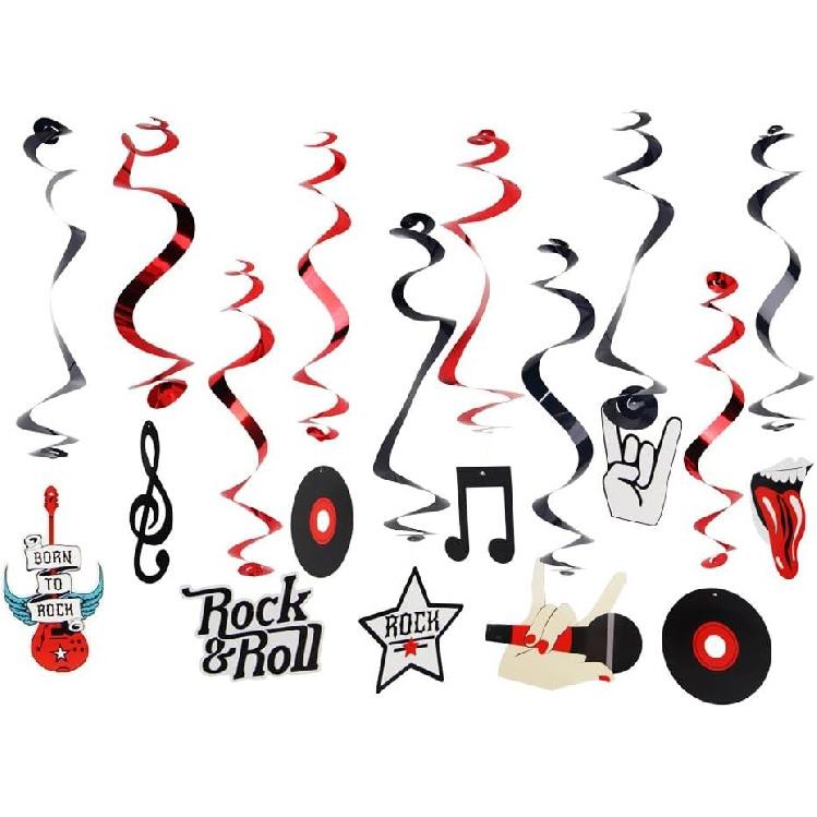 Easy Joy 10 PCS Rock and Roll Party Decorations Hanging Swirl Decorations Guitar Record Sign Rock Star Hanging Swirls Ceiling Party Decor for 50's