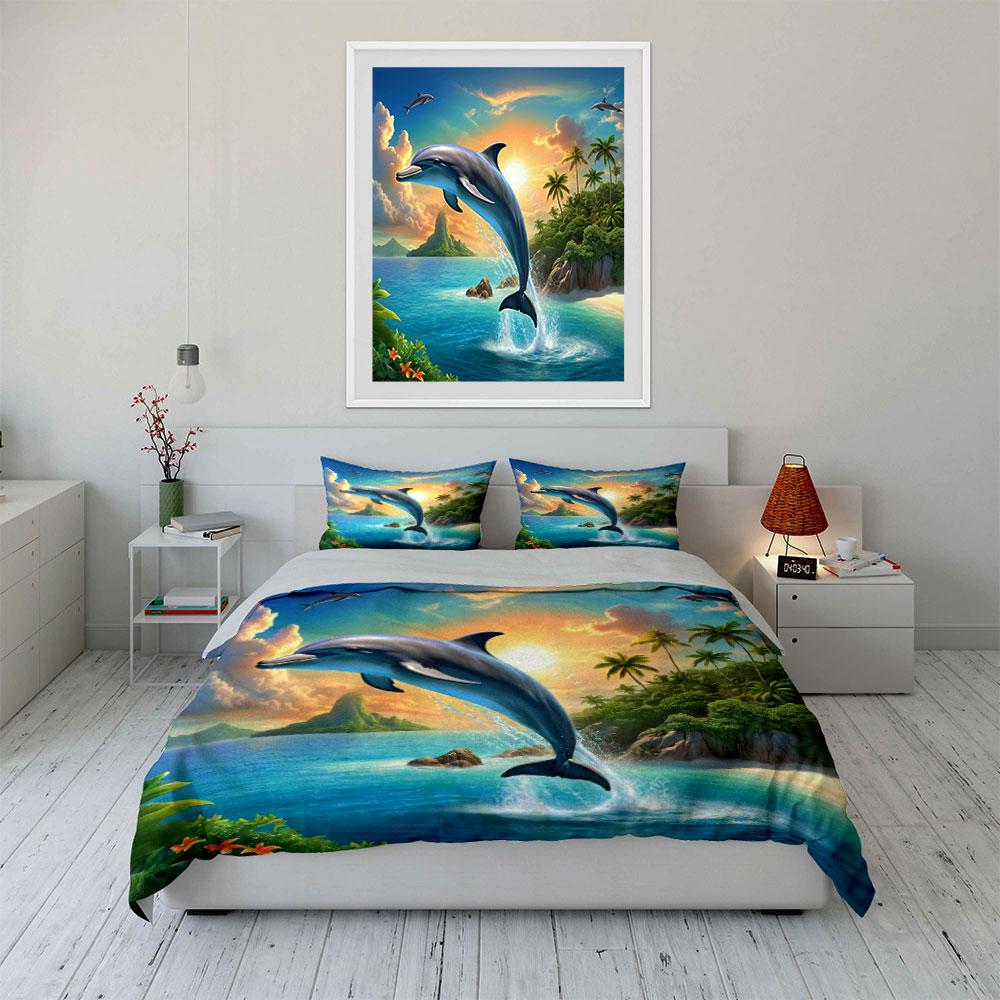 Dolphin Leaping With Tropical Scenery Bedding Set For Kids Luxury Gift 3Pcs Digital Print Comforter Set Soft Comfortable