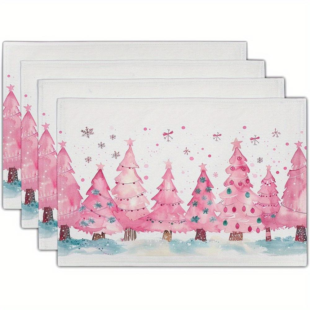 4 - Piece Festive Pink Christmas Tree Linen Placemats, 12 x 18 Inches, Washable Table Mats for Kitchen Home Decor 30x45cm-6PC