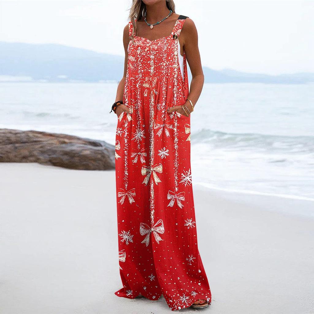 Damen Weihnachten Print Einfarbig Weites Bein Trägerlos Tanktasche Lässiger Einteiler