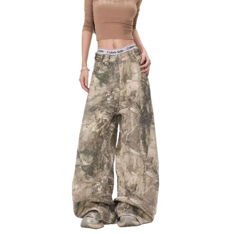 Vintage Washed Denim Pants With Embroidered Letter Camo Tree Print High-Waisted Wide-Leg Straight Cut Unisex Jeans