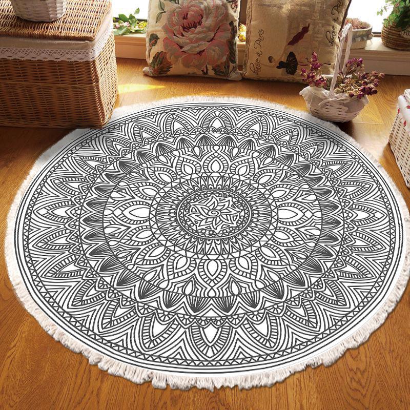 Nordic Cotton and Linen Home Leisure Non-slip Fringed Printed Round Carpet Living Room Floor Mat Bedroom Bedside Blanket