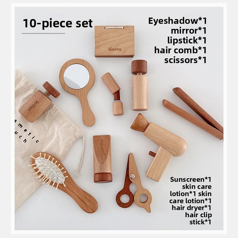 

Wooden Comb Lipstick Mirror Hair Cutting And Makeup Set Kid Role Toy Playing