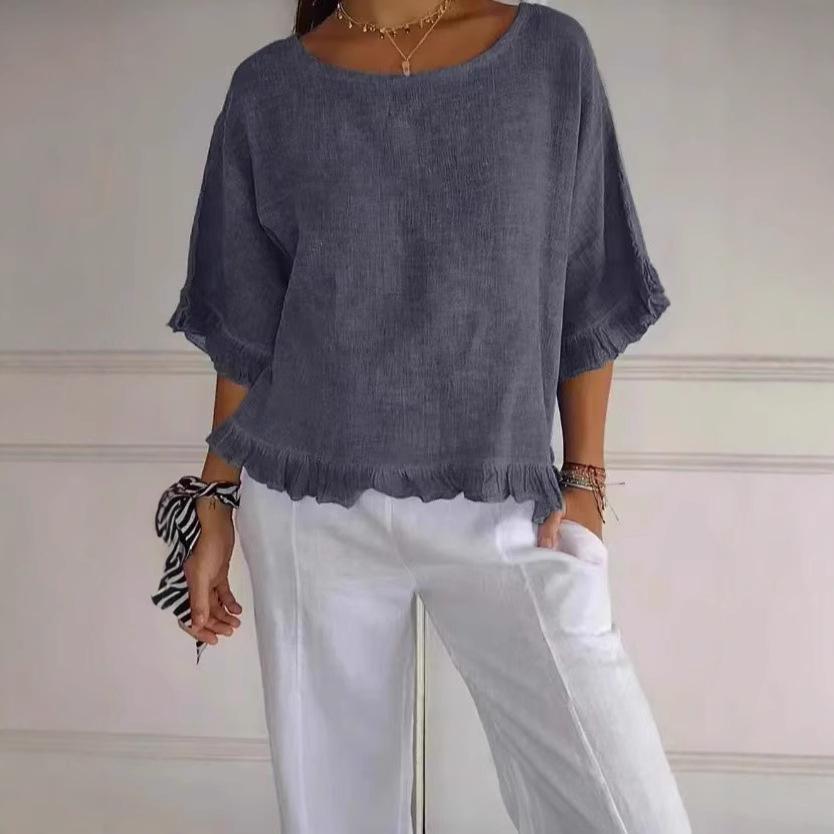 2025 Women's Cotton Linen Loose Fit Short Sleeve Shirt - European & American Style