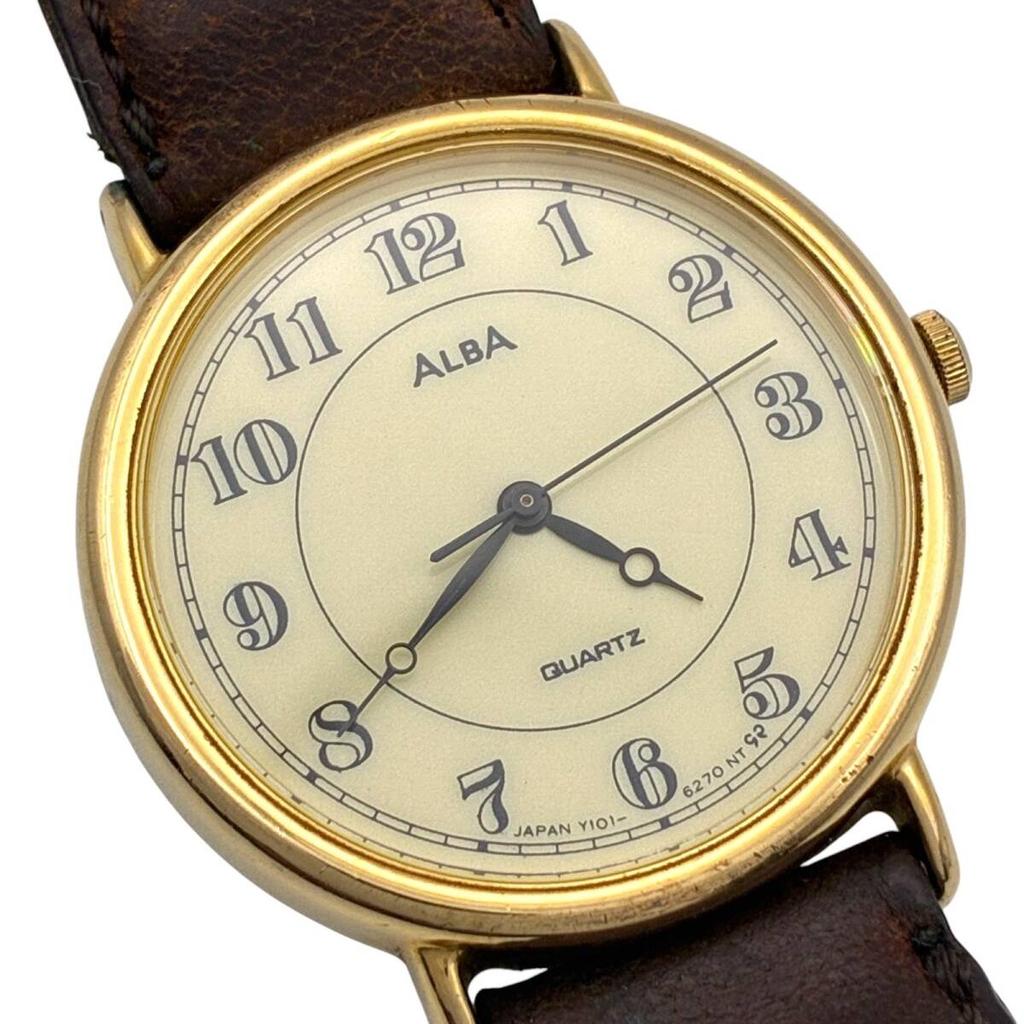 Un d SEIKO ALBA watch quartz vintage ivory dial 3 hands Y2K retro Y101-6110 [bp41]