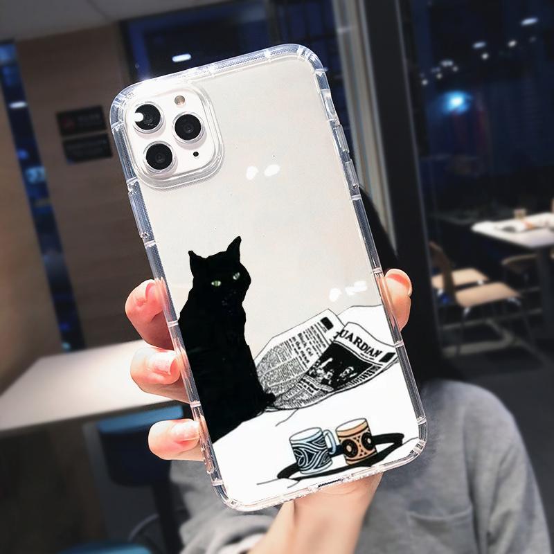 Hot Cartoon Coffee Black Cat Phone Case For iPhone 14 15 16 Pro Max 13 11 12 Mini X XR 7 8Plus Shockproof Clear Soft Cover Shell