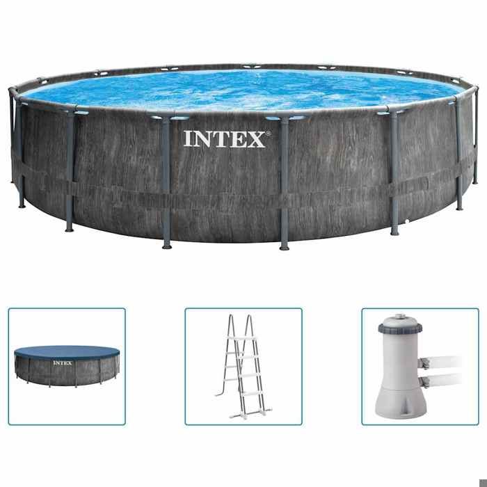 Piscine autoportante Intex Prism Frame Greywood 457x122 cm avec pompe de filtration et accessoires - Gris