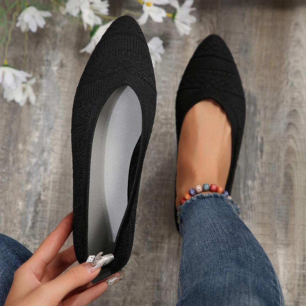 Mote Nye Damesko med Spiss Tå Enkle Sko Ensfarget Strikket Slip-on Casual Pustende Ballerina Sko Loafers Zapatos De Mujer