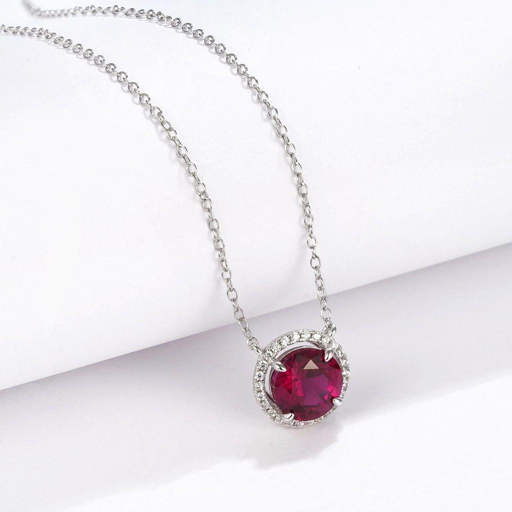 Zhou Hengfu S925 Silver Round Pendant Necklace with Pigeon Blood Red and Diamond Inlay