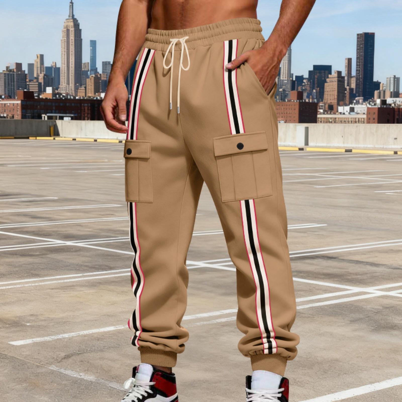 

Men s Casual Heavy-duty Fleece American Pants, Men s Striped Color-blocking Retro Strapless Cargo Pants XXXL