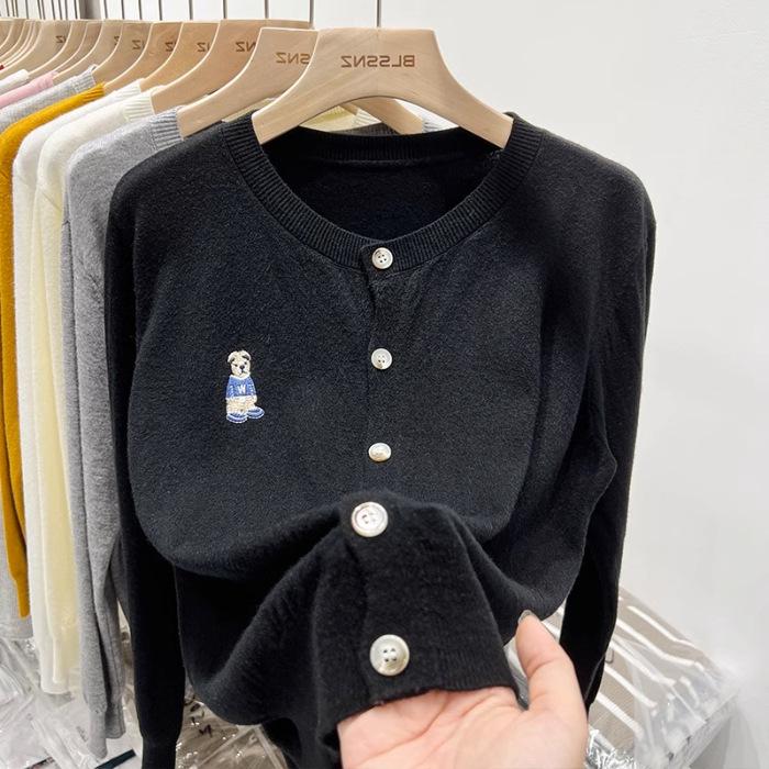 Retro Schwarzer Strick-Cardigan mit Bärenstickerei für Damen - Herbst/Winter Kollektion