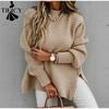 Moda feminina casual outono inverno cor sólida estampa manga comprida gola redonda suéteres