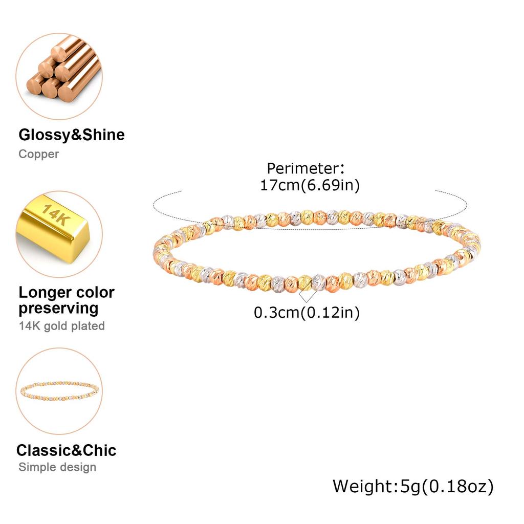 Vnox Copper Metal Tricolor Beaded Elastic Bracelet for Women Minimalist Shiny Mixed Color Beads Stretch Bracelet Daily Jewelry