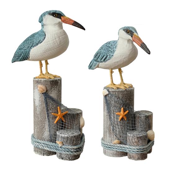 Wooden Seabird Ornaments Ocean Theme Decorative Figurine with Starfish And Hemp Rope Decor Desktop Accent for Home