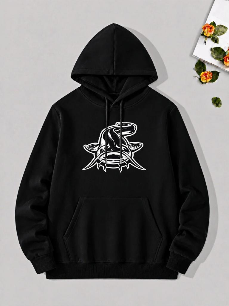 unisex Hoodie, Halloween, Shark Graphic Print, Pullover Sweatshirt, Casual Streetwear Style, Autumn Winter Daily Wear, with Front Pocket And Drawstrin