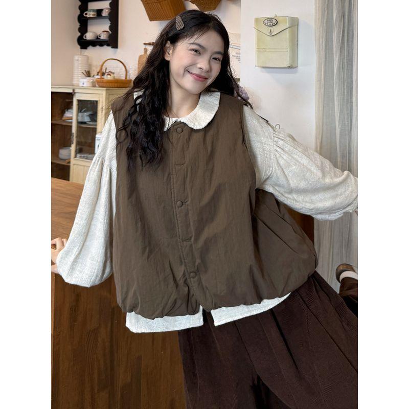 Plus-Size Women's Clothing 2026 Korean Style Doll Collar Jacquard Shirt + Versatile Quilted Vest + Corduroy Pants Set