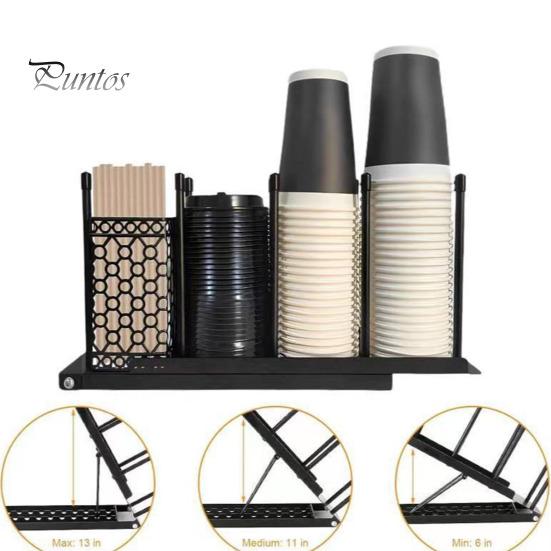 Kopphållare för kaffekoppar, organizer med lock och suporhållare, 4 fack, kaffekoppsdispenser, justerbar kaffebarsorganizer