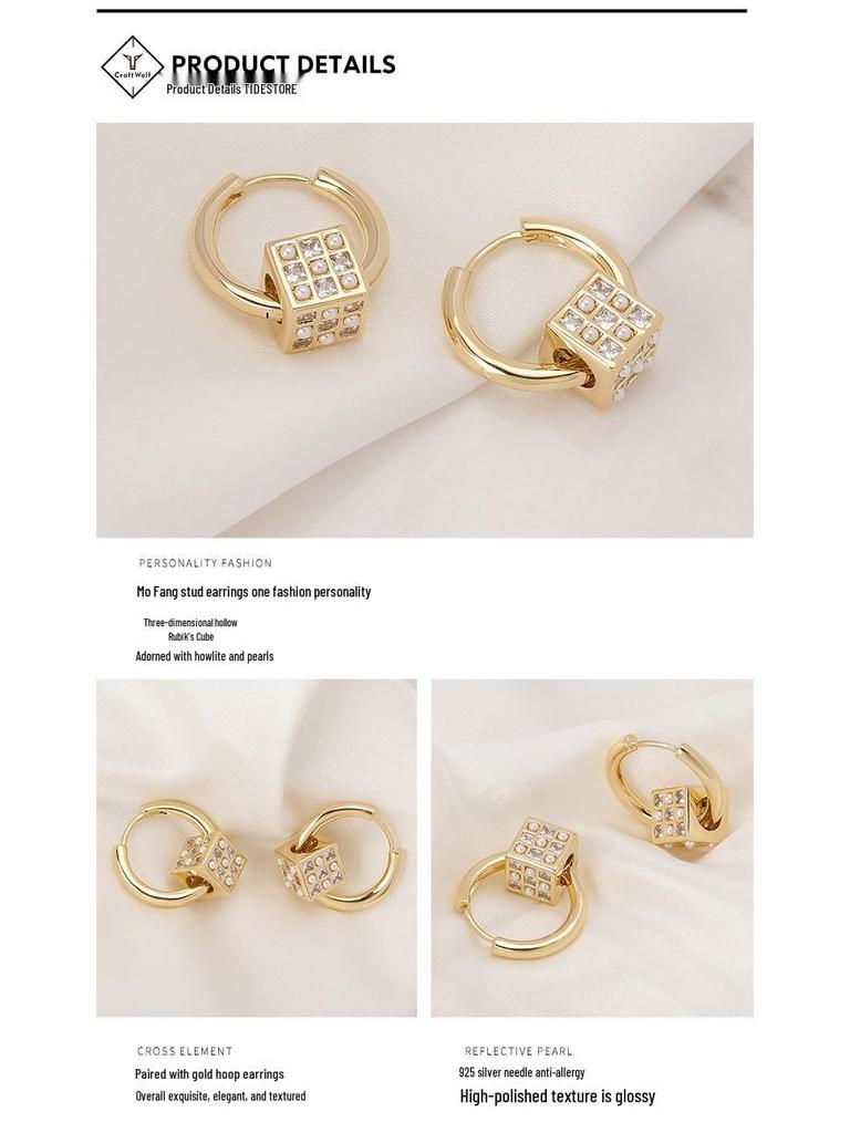 Diamond-Studded Rubik's Cube Earrings - Geometric Korean Design, Luxury Women’s Niche Accessory