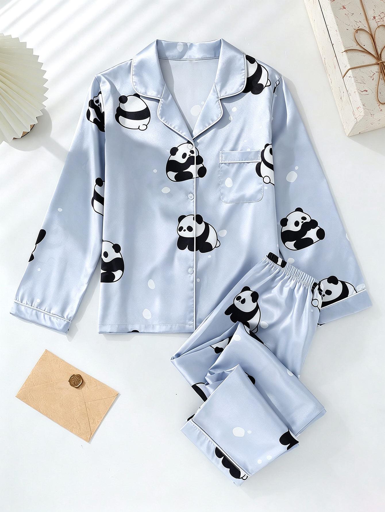 Preteen Mädchen Seidiges Satin Panda-Print Pyjama-Set Revers Knopf Langarm Oberteil & Hose Coole Frühling Sommer Loungewear Schlaf für 8-12 Jahre 12Y bunt