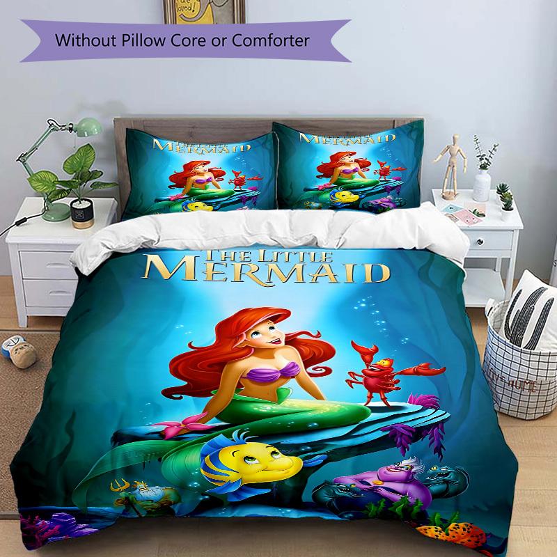 3pcs Set Mermaid1pc of Quilt Cover+2pcs of Pillowcase, No Core, Print Bedding, All Seasons Bedroom Setting061