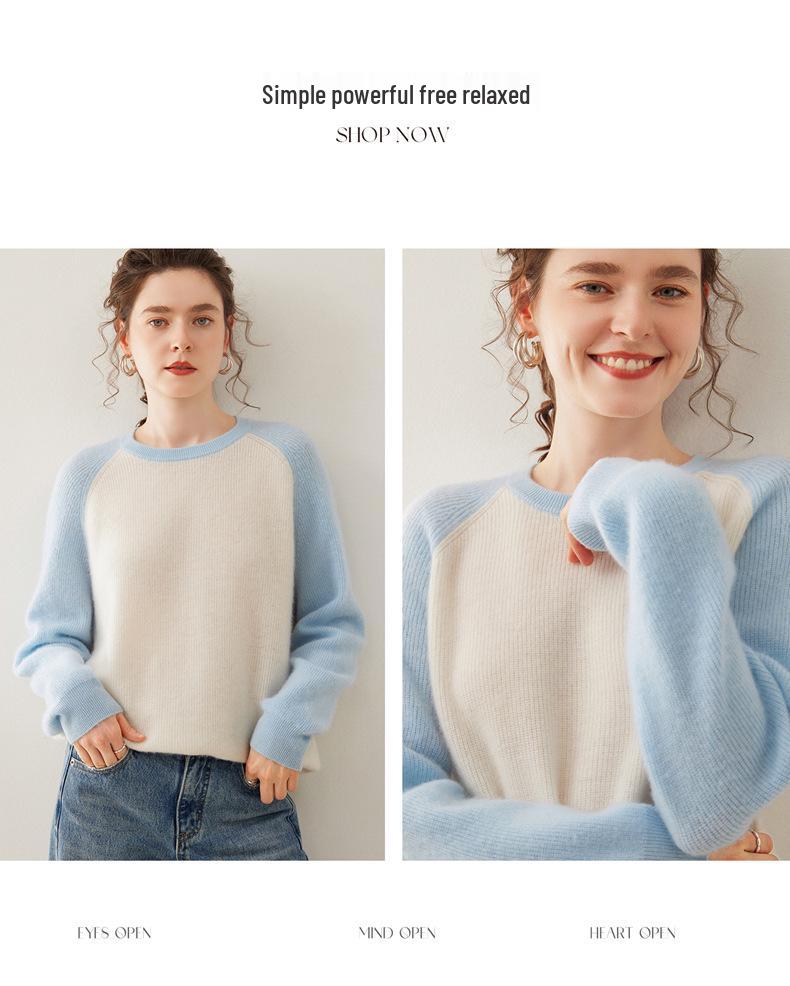 Women's Color Block Cashmere Sweater - Round Neck, Thick Knitwear for Autumn/Winter, Soft and Cozy Pullover