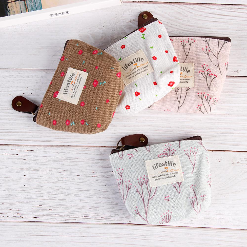 New Korean Style Mini Wallet Card Holder Floral Print Zipper Coin Purses Flower Canvas