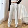Women Long Pants Elastic High Waist Straight Wide Leg Casual Trousers with Pockets Solid Color Waffle Texture Sweatpants
