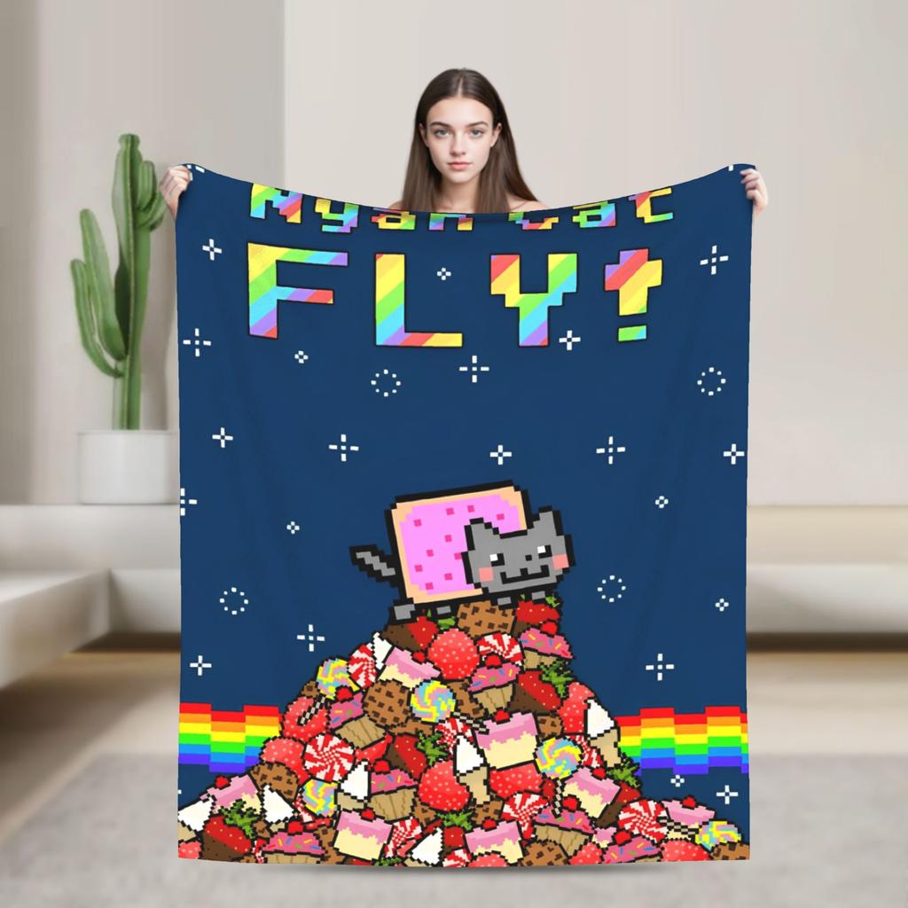 Katze Regenbogen Pixel Welt Nyans Decken Fleece Frühling Herbst Atmungsaktiv Super Warm Überwurfdecken für Bettwäsche Sofa Teppich Stück