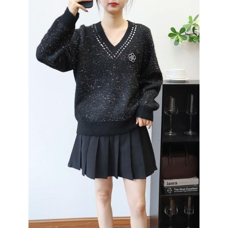 

Осень и зима новый дизайн с пайетками чувство свободный вязаный свитер топ V-образный вырез высококачественный свитер пуловер женщина one size fits all чёрный
